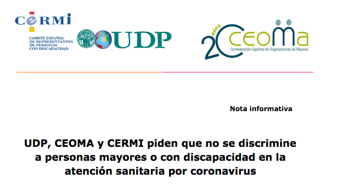 UDP, CEOMA y CERMI piden que no se discrimine a personas mayores o con discapacidad en la atención sanitaria por coronavirus