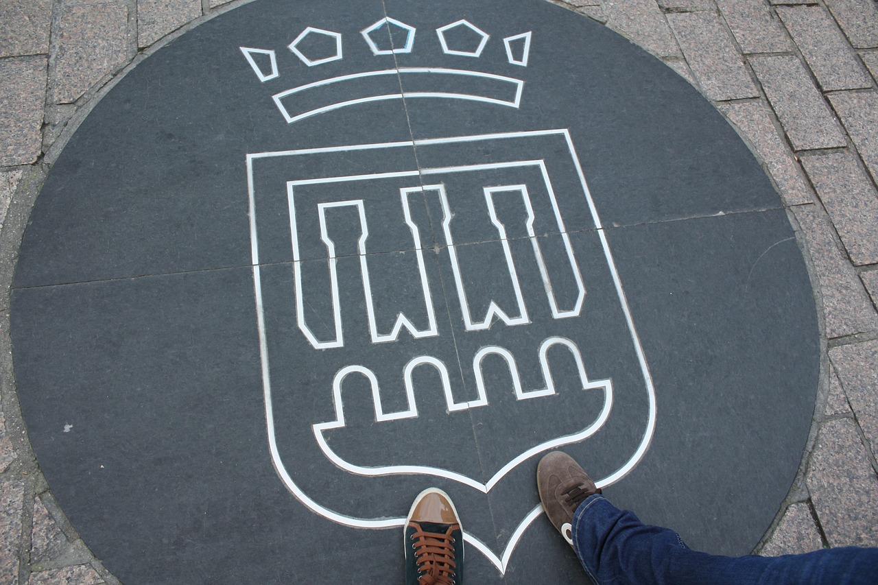 Fotografía una acera de la ciudad de Logroño en la que aparece el escudo de la ciudad.