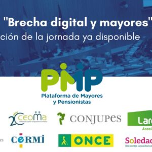 Montaje imagen de la jornada" mayores y brecha digital" con los logotipos de la PMP y sus organizaciones