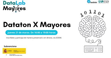 cartel Participa el próximo 21 de marzo de 16:00 a 19:00 horas en el Dataton de búsqueda de datos abiertos sobre envejecimiento saludable.