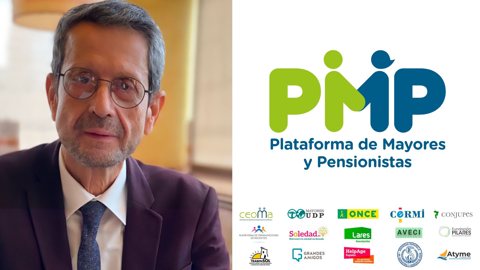 Jesús Norberto Fernández, nuevo presidente de la Plataforma de Mayores y Pensionistas (PMP), junto al logotipo de la organización y sus entidades miembro.