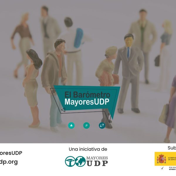 Imagen principal del Barómetro MayoresUDP con figuras representando a personas mayores, logo de UDP y mención al Ministerio de Derechos Sociales.