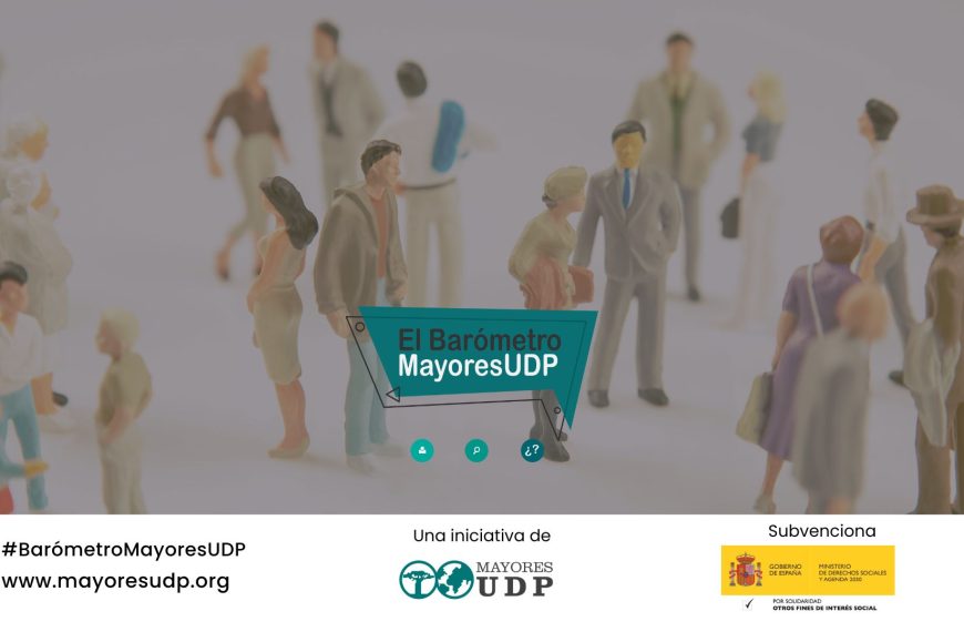 Imagen principal del Barómetro MayoresUDP con figuras representando a personas mayores, logo de UDP y mención al Ministerio de Derechos Sociales.