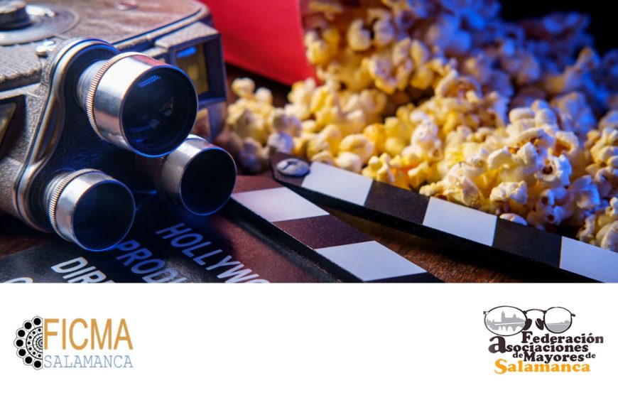 Proyector antiguo, palomitas y claqueta sobre fondo oscuro, con los logotipos de FICMA y Famasa.