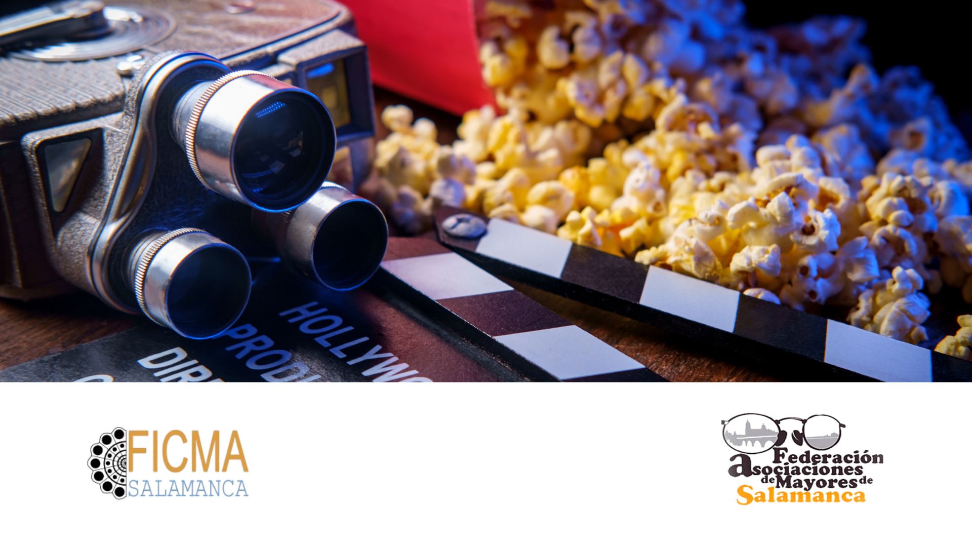 Proyector antiguo, palomitas y claqueta sobre fondo oscuro, con los logotipos de FICMA y Famasa.