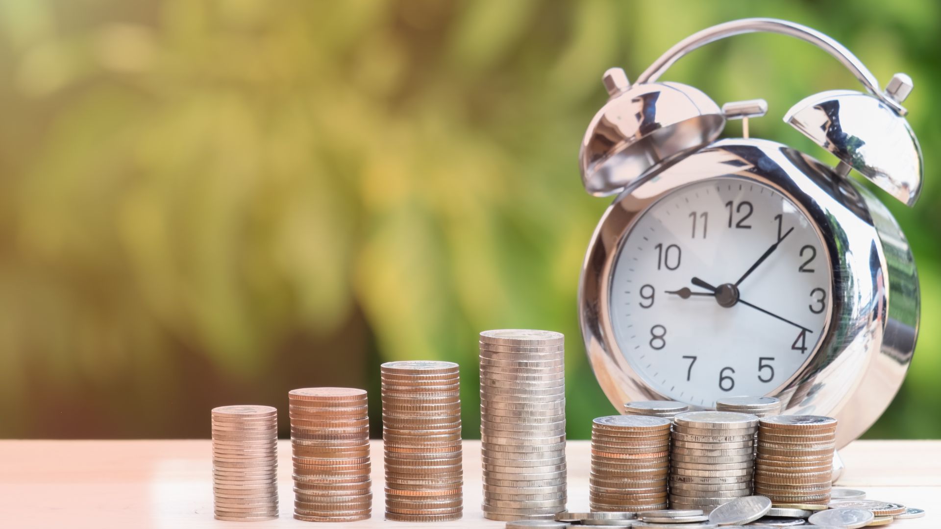 Reloj despertador junto a pilas de monedas simbolizando el ahorro para la jubilación.