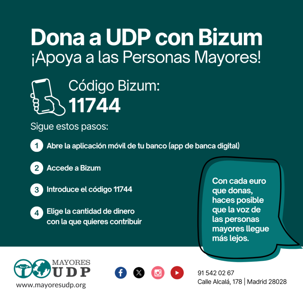 Cartel de campaña de donaciones de UDP para apoyar a las personas mayores mediante Bizum con el código 11744, acompañado de instrucciones paso a paso y mensaje solidario.
